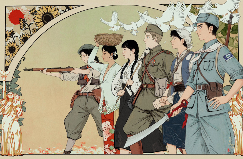 3boys, 3girls, ammunition_pouch, bandana, basket, basket_on_head, beret, binoculars, bird, black_hair, blue_vest, breeches, brown_hair, brown_pants, brown_vest, dadao_sword, dark_skin, earrings, english_commentary, feet_out_of_frame, floral_print, flower, garrison_cap, green_jacket, grey_jacket, grey_pants, guerrilla, gun, hair_flower, hair_ornament, hand_on_own_hip, hat, highres, holding, holding_basket, holding_gun, holding_sword, holding_weapon, jacket, jewelry, korean_clothes, long_hair, ludanling, m1_garand, medal, military_uniform, multiple_boys, multiple_girls, national_revolutionary_army, neckerchief, original, pants, pants_tucked_in, pigeon, pouch, red_neckerchief, red_skirt, red_sun, rifle, second_sino-japanese_war, serious, shirt, short_hair, skirt, soldier, soviet_army, star_(symbol), sunflower, sword, twintails, vest, weapon, white_bandana, white_neckerchief, white_shirt