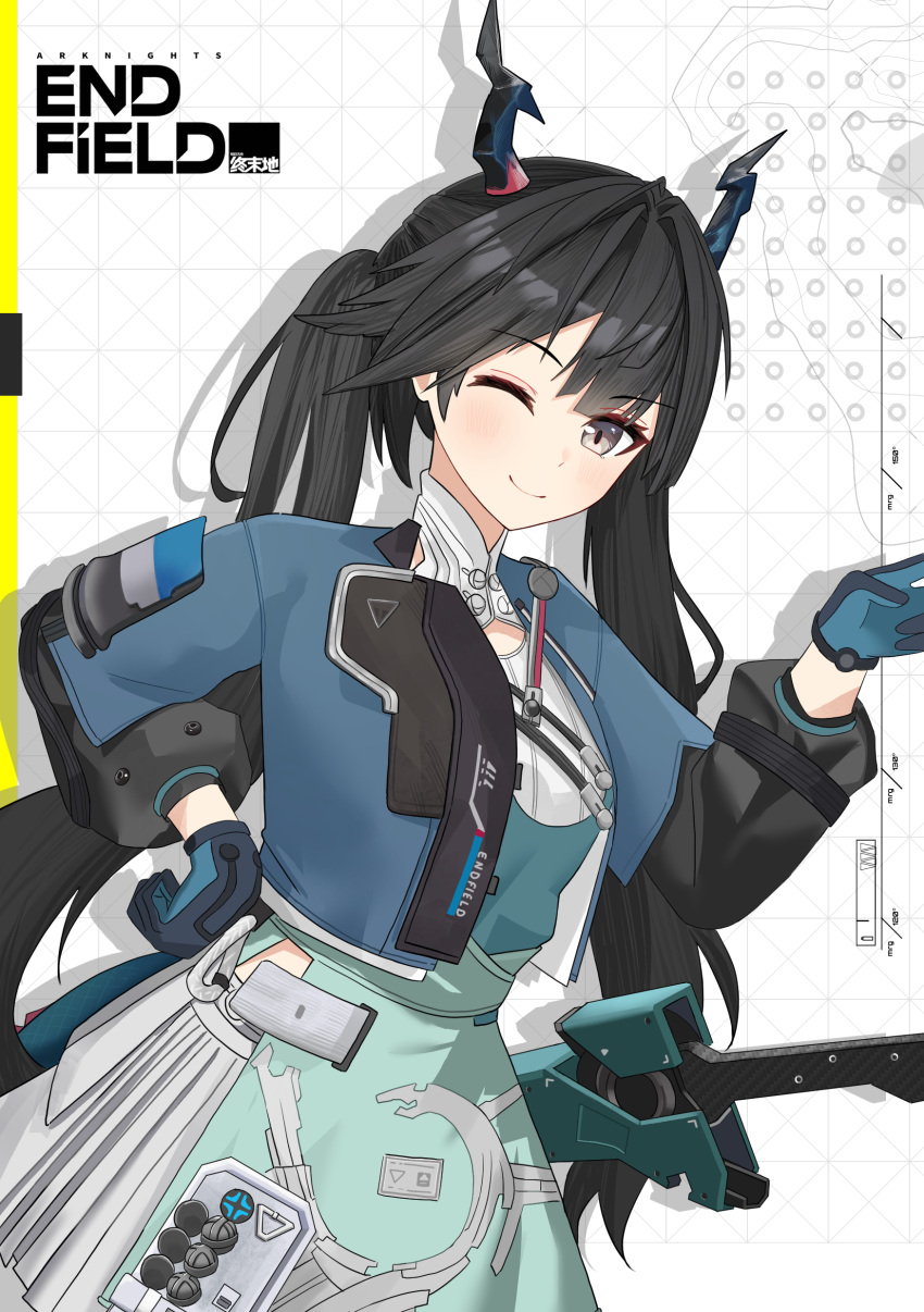 1girl, absurdres, arknights, arknights:_endfield, black_gloves, black_hair, blue_horns, chen_qianyu_(arknights)