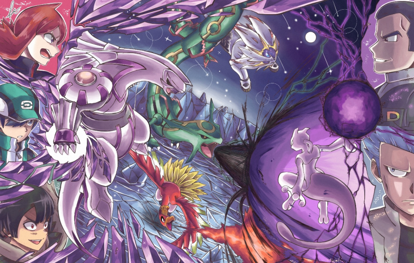 1girl, 4boys, battle, black_hair, blue_hair, cyrus_(pokemon), fire, furry, giovanni_(pokemon), ho-oh, laufan_rika, mewtwo, multiple_boys, night, night_sky, open_mouth, palkia, pokemon, pokemon_(creature), pokemon_dppt, pokemon_hgss, pokemon_masters_ex, pokemon_oras, pokemon_usum, rayquaza, red_hair, scottie_(pokemon), silver_(pokemon), sky, solgaleo, team_galactic, team_rainbow_rocket, zinnia_(pokemon)