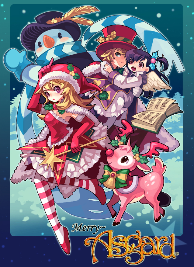 1boy, 2girls, :o, angel_wings, antlers, aqua_background, aqua_eyes, aqua_mittens