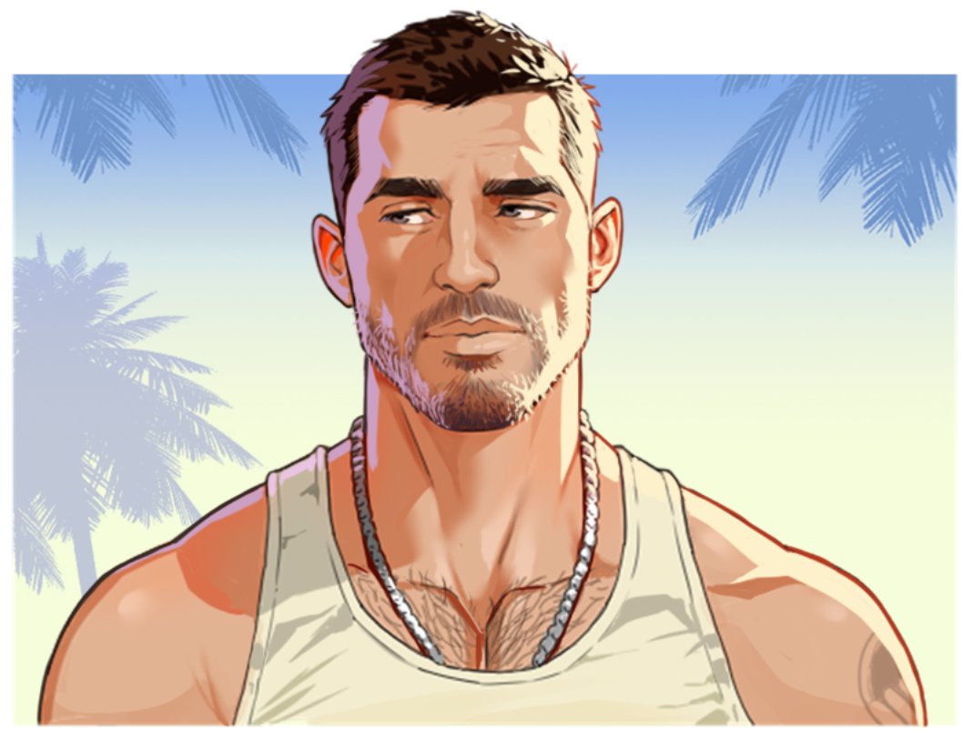 1boy, border, brown_hair, facial_hair, grand_theft_auto, grand_theft_auto_vi, grey_eyes, hassbroart, jason_duval, jewelry, looking_to_the_side, mature_male, necklace, palm_tree, short_hair, shoulder_tattoo, sparse_chest_hair, tank_top, tattoo, tree, white_border