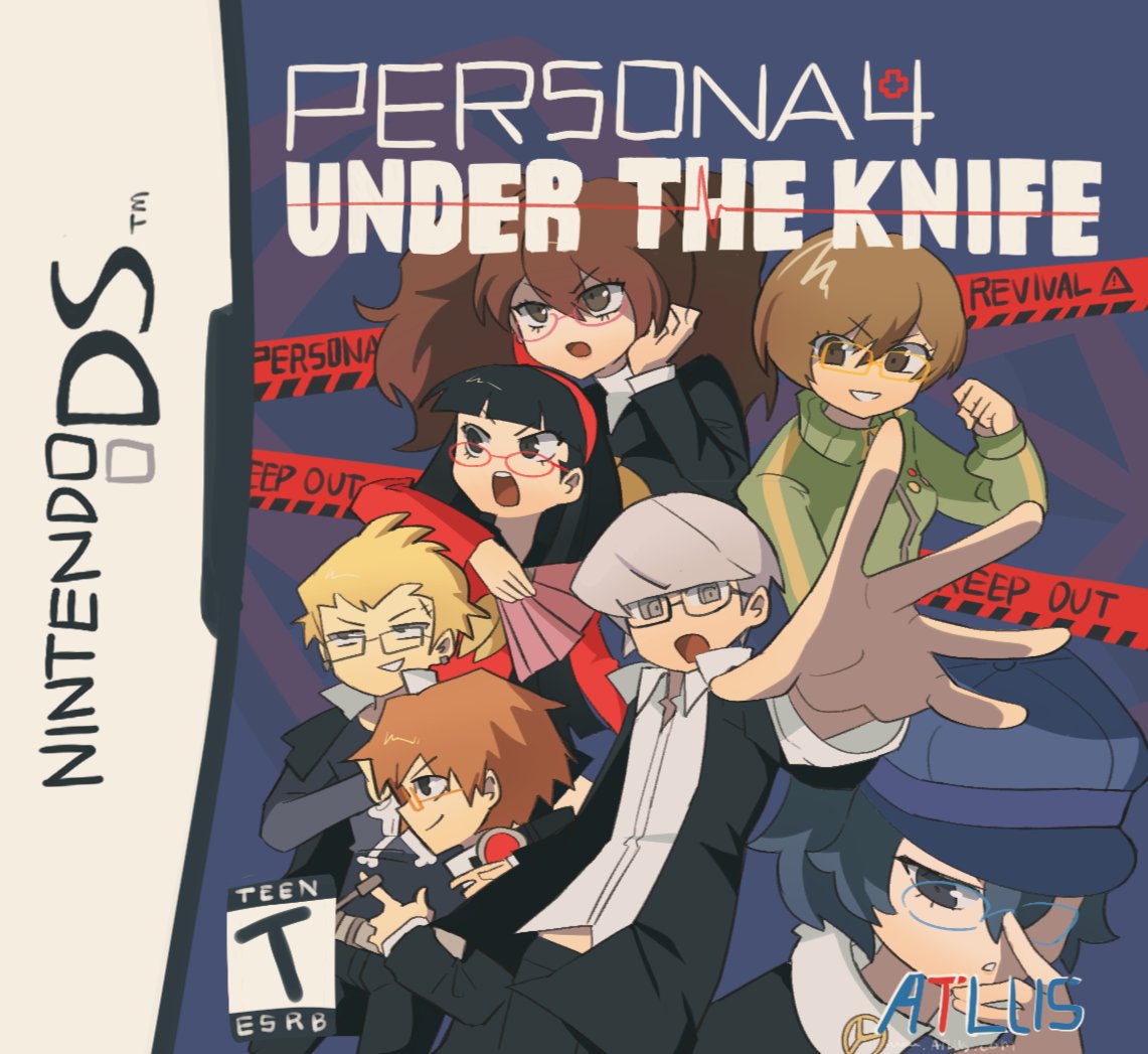 3boys, 4girls, amagi_yukiko, atlus, black-framed_eyewear, black_hair, black_jacket, black_pants