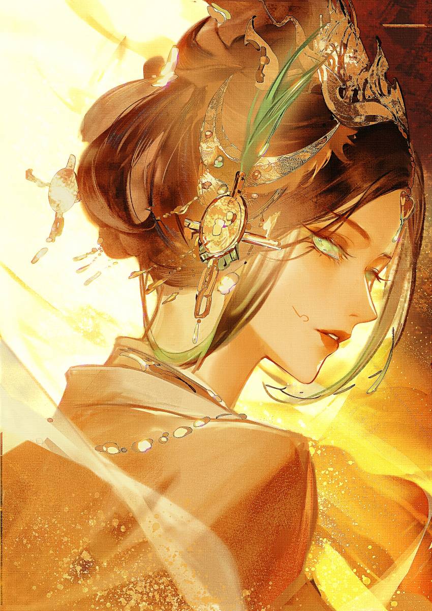 1girl, absurdres, brown_hair, chinese_clothes, commentary, facial_mark, feather_hair_ornament, feathers