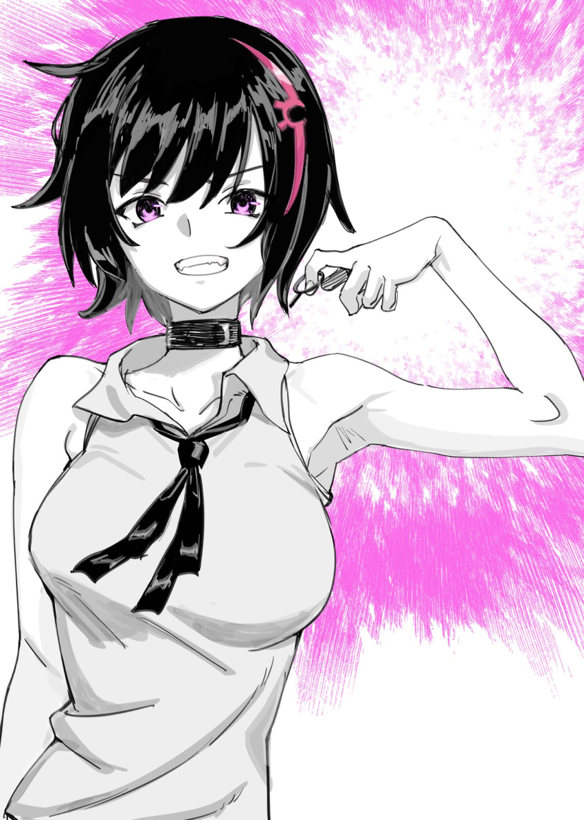 1girl, black_hair, breasts, chainsaw_man, choker, cosplay, grin, hair_ornament