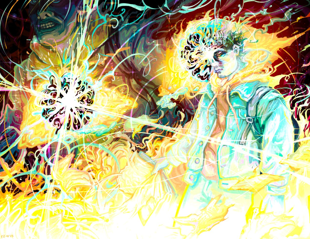 2boys, angry, bag, black_hair, blue_jacket, book, brown_sweater, closed_mouth