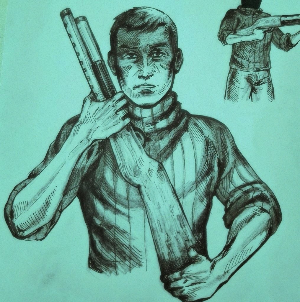 1boy, black_eyes, black_hair, cropped_legs, cropped_torso, green_theme, gun, head_out_of_frame, holding, holding_gun, holding_weapon, inhundefender, looking_at_viewer, male_focus, mature_male, no_i'm_not_a_human, parted_lips, protagonist_(no_i'm_not_a_human), short_hair, shotgun, sketch, sweater, trigger_discipline, turtleneck, turtleneck_sweater, vertical-striped_sweater, weapon