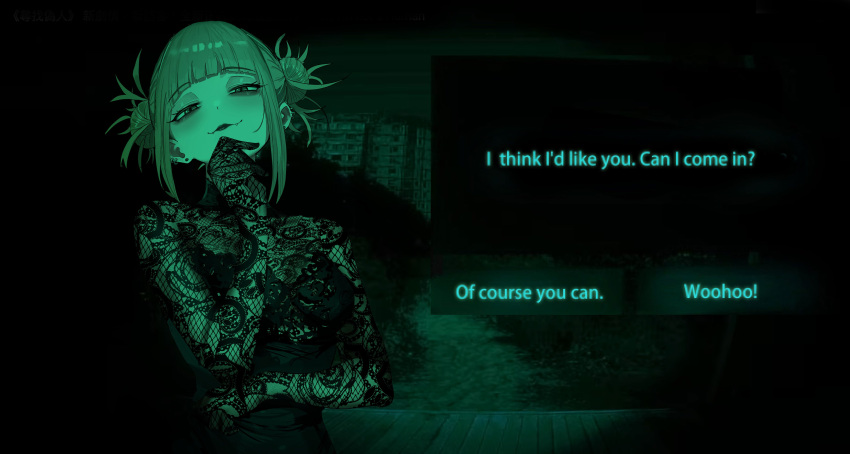 1girl, absurdres, black_dress, blonde_hair, blunt_bangs, boku_no_hero_academia, crossover, dialogue_options