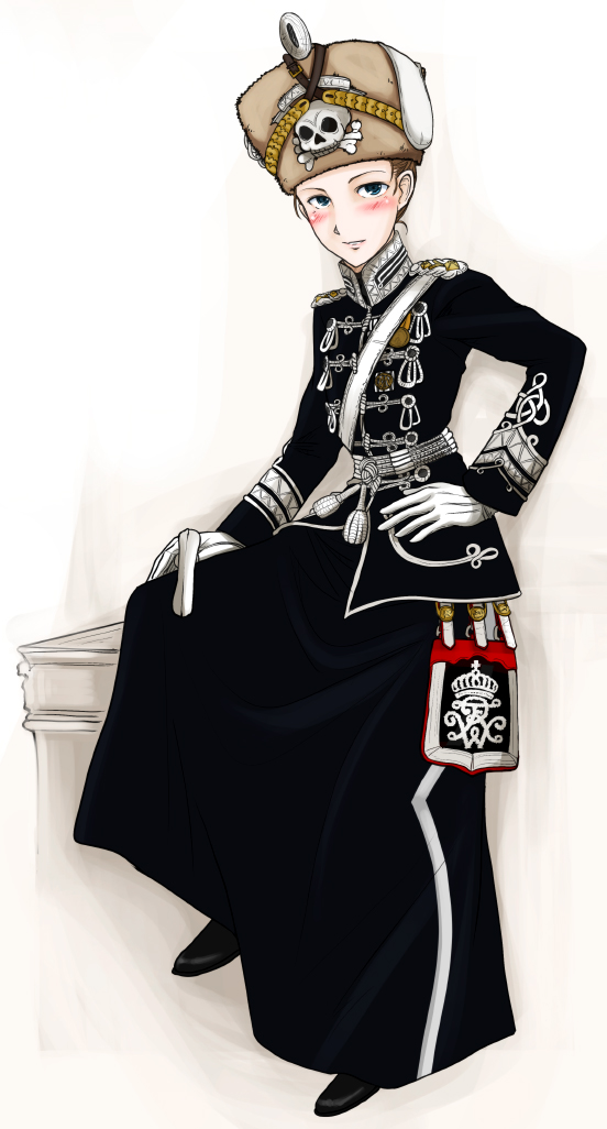 blush, copyright_request, gloves, hat, medal, military, military_uniform, skull, skull_and_crossbones, solo, toge_inu, uniform, viktoria_luise_adelheid_mathilde_charlotte