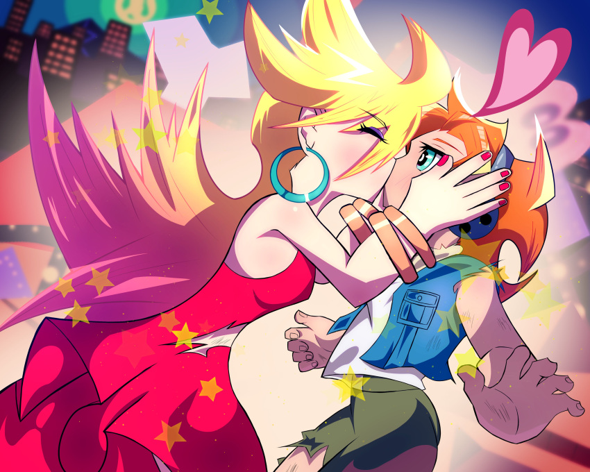 1boy, 1girl, absurdres, armpit_crease, bare_shoulders, blonde_hair, brief_(psg), closed_eyes