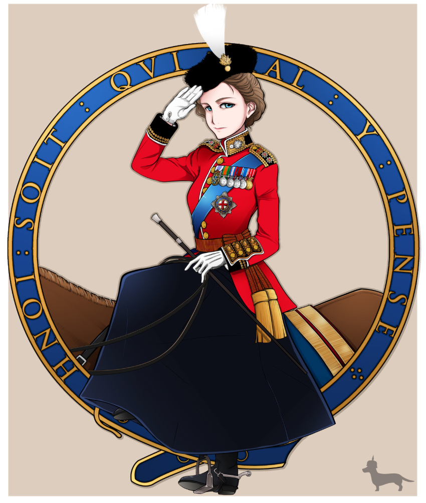 blue_eyes, boots, brown_hair, copyright_request, dog, elizabeth_ii, england, gloves, hat, highres, horseback_riding, inset, looking_at_viewer, medal, military, military_uniform, queen, riding, riding_crop, salute, silhouette, solo, spur, spurs, toge_inu, uniform, united_kingdom
