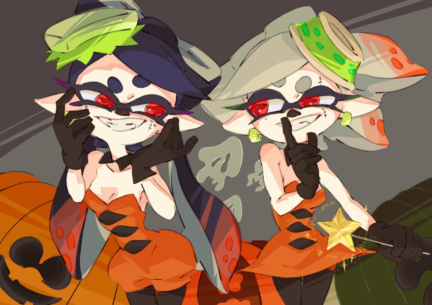 2girls, black_hair, callie_(splatoon), callie_(splatoween)_(splatoon), cousins, facepaint, grey_hair, halloween, halloween_costume, highres, kyaraponpon, looking_at_another, marie_(splatoon), marie_(splatoween)_(splatoon), multiple_girls, official_alternate_costume, red_eyes, splatoon_(series), splatoon_3, tentacle_hair, twintails