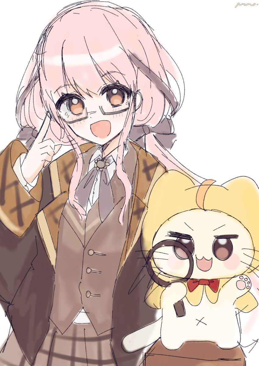 1210_neno, 1girl, ahoge, animal, bespectacled, black-framed_eyewear, black_bow, black_bowtie