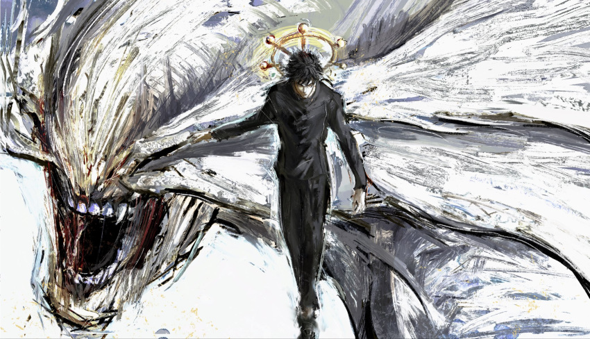 1boy, 1other, angry, black_hair, eight-handed_wheel, full_body, fushiguro_megumi, gakuran, highres, jujutsu_kaisen, jujutsu_tech_uniform, kyezzzz, long_sleeves, mahoraga_(jujutsu_kaisen), open_mouth, school_uniform, short_hair, teeth, wheel_of_dharma