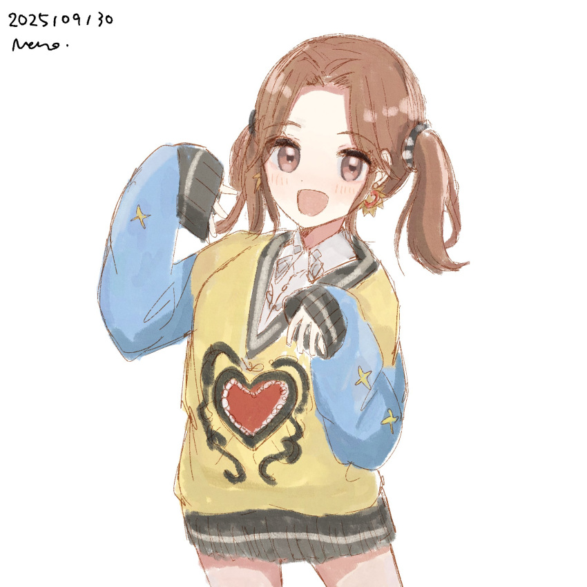 1210_neno, 1girl, black_scrunchie, blue_sleeves, brown_eyes, brown_hair, buttons, collared_shirt
