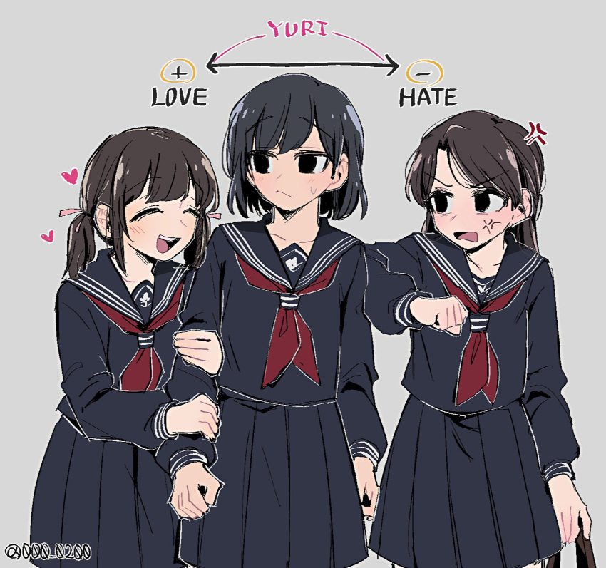 3girls, an_sin, anger_vein, arm_hug, black_hair, black_shirt, black_skirt, blue_sailor_collar