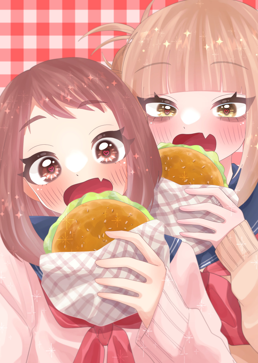 2girls, absurdres, amecho_wa, blonde_hair, blue_sailor_collar, blunt_bangs, blush, boku_no_hero_academia