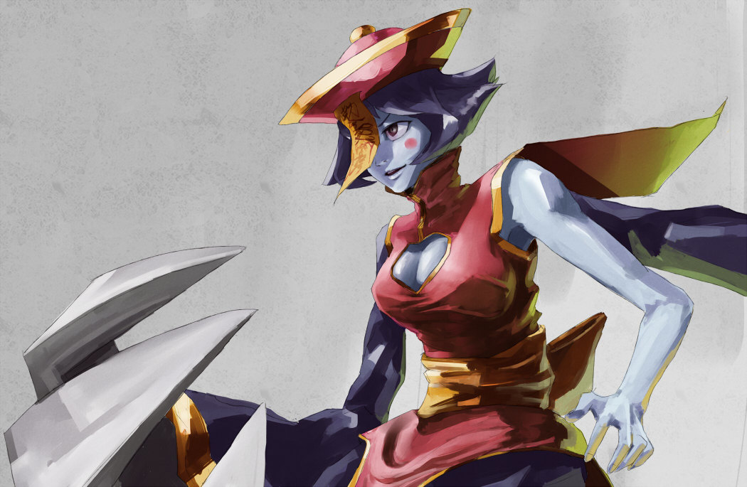 blue_skin, blush, breasts, chinese_clothes, claws, cleavage, cleavage_cutout, geung_si