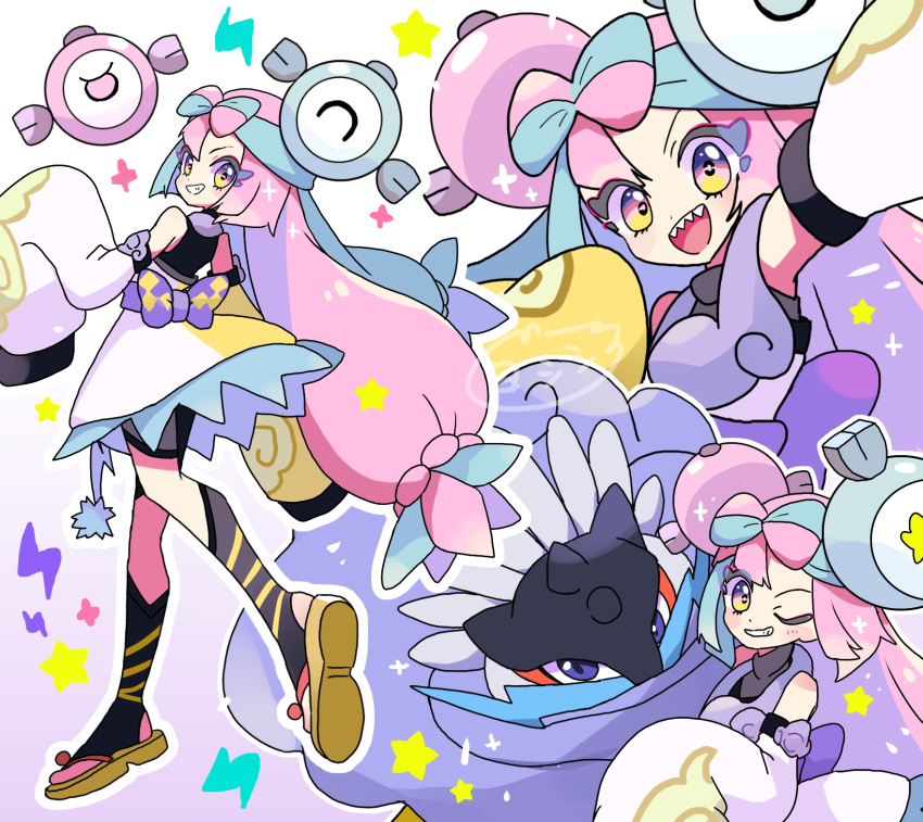 1girl, black_socks, blue_hair, bow, bow-shaped_hair, character_hair_ornament, detached_sleeves, full_body