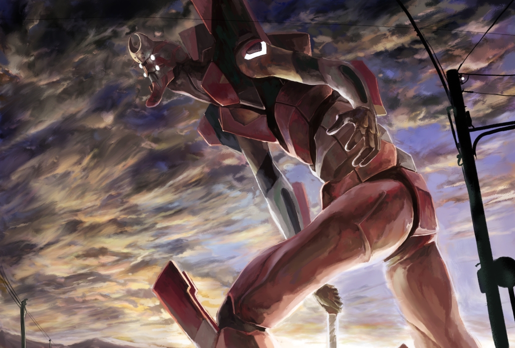 clouds, dagger, eva_02, evangelion:_2.0_you_can_(not)_advance, mecha, neon_genesis_evangelion, no_humans, power_lines, realistic, rebuild_of_evangelion, sky, solo, telephone_pole, tori_yuhu, weapon