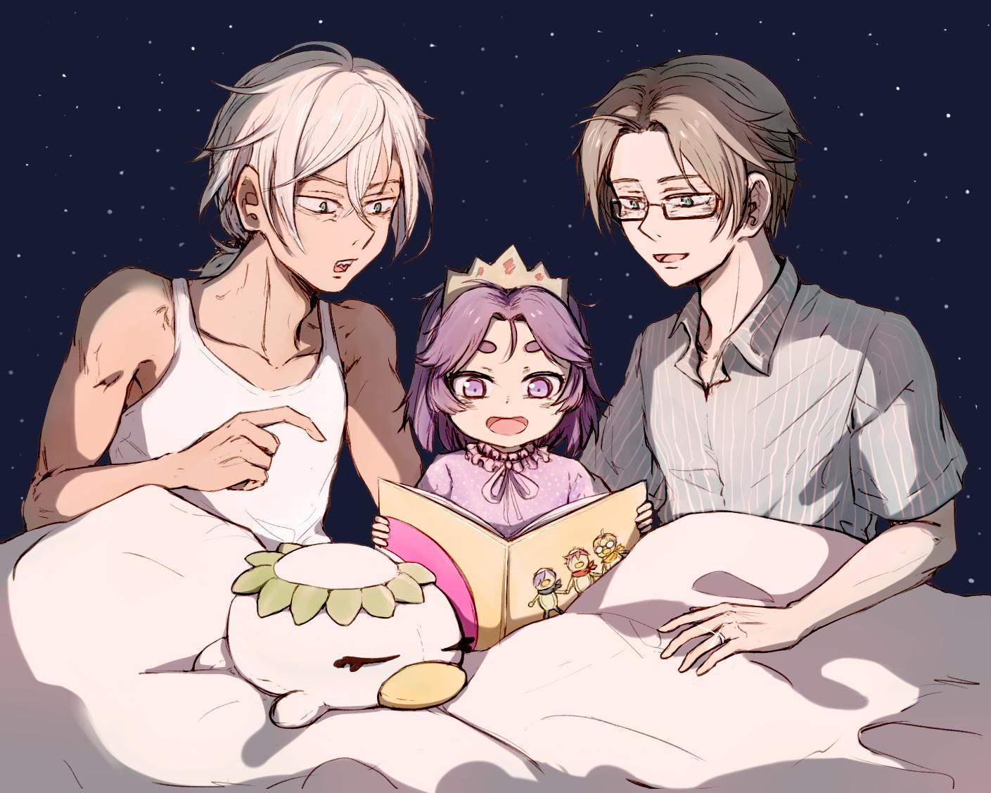 1girl, 2boys, adam's_apple, akutsu_mabu, azuma_sara, bedtime_story, brown_hair, collared_shirt