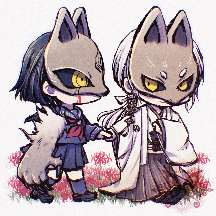 1boy, 1girl, black_hair, black_serafuku, black_skirt, black_socks, bleeding, blood