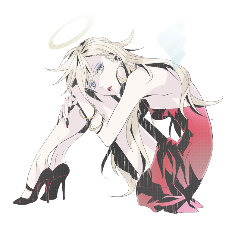bracelet, dress, earrings, fingernails, halo, high_heels, jewelry, kmgk, leg_hug, long_hair, looking_away, nail_polish, panty_&amp;_stocking_with_garterbelt, panty_(character), panty_(psg), red_dress, shoes, simple_background, sitting, solo, wings
