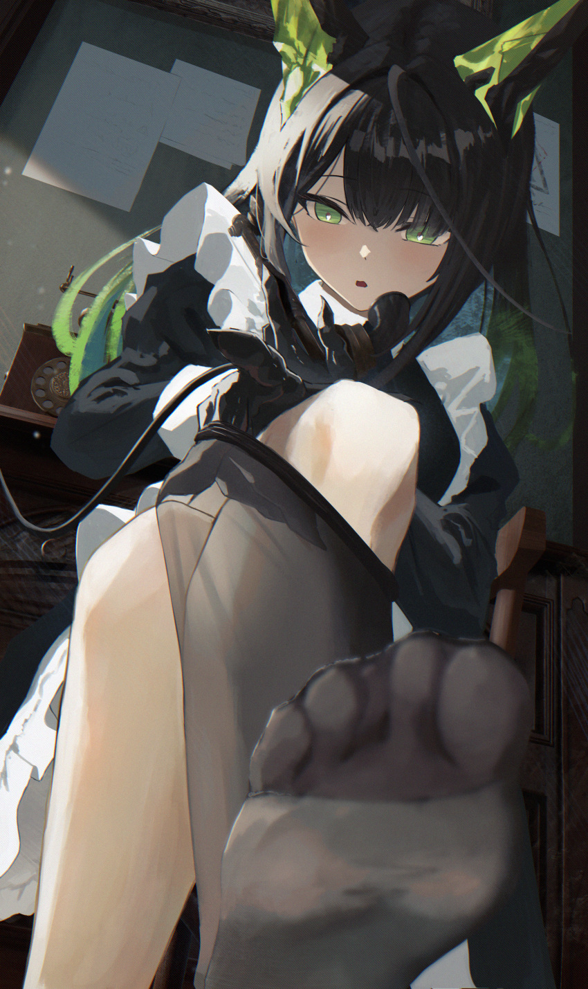 1girl, :o, absurdres, ahoge, alternate_costume, animal_ears, antique_phone, apron, arknights, bare_shoulders, black_hair, black_pantyhose, blush, cat_ears, chalkboard, dress, enmaided, feet, foot_focus, frilled_apron, frills, green_dress, green_eyes, green_hair, highres, holding, holding_phone, indoors, long_hair, long_sleeves, looking_at_viewer, maid, mon3tr_(arknights), multicolored_hair, open_mouth, pantyhose, phone, puffy_sleeves, putting_on_legwear, rotary_phone, shikyou_yoru, sitting, soles, solo, wire