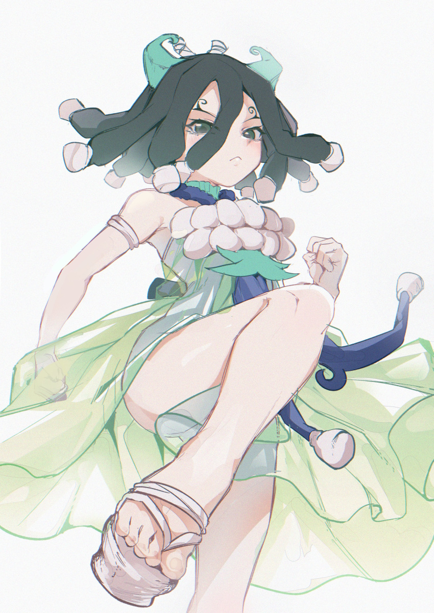 1girl, absurdres, black_hair, closed_mouth, dr._stone, dress, fighting_stance, green_dress