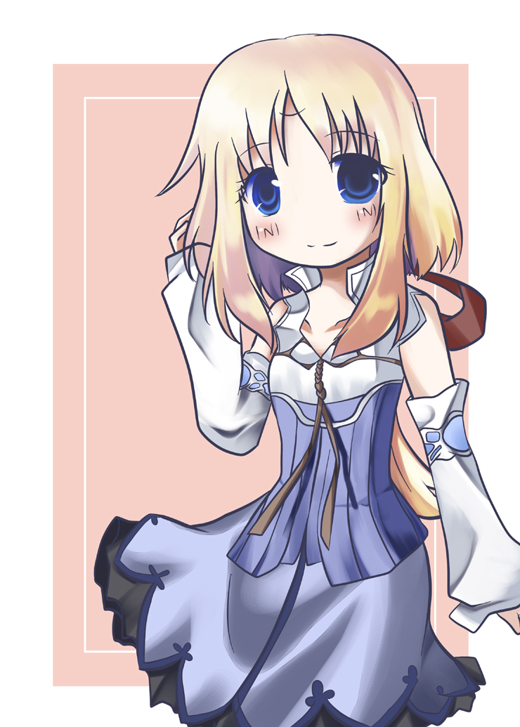 1girl, blonde_hair, blue_dress, closed_mouth, collarbone_peek, dress, ku_rage, low_ponytail