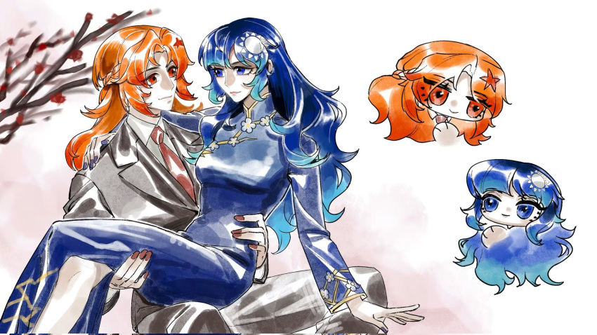 2girls, blue_eyes, blue_hair, blue_nails, braid, branch, carrying, carrying_person