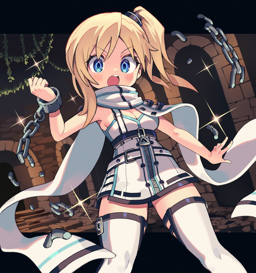 1girl, blonde_hair, blue_eyes, blush, breasts, buckle, chain, commentary_request