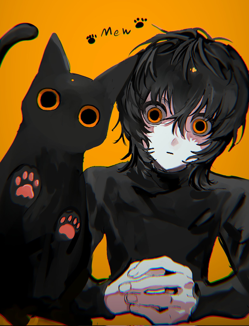 1other, androgynous, animal, animal_hands, black_cat, black_hair, black_shirt, cat