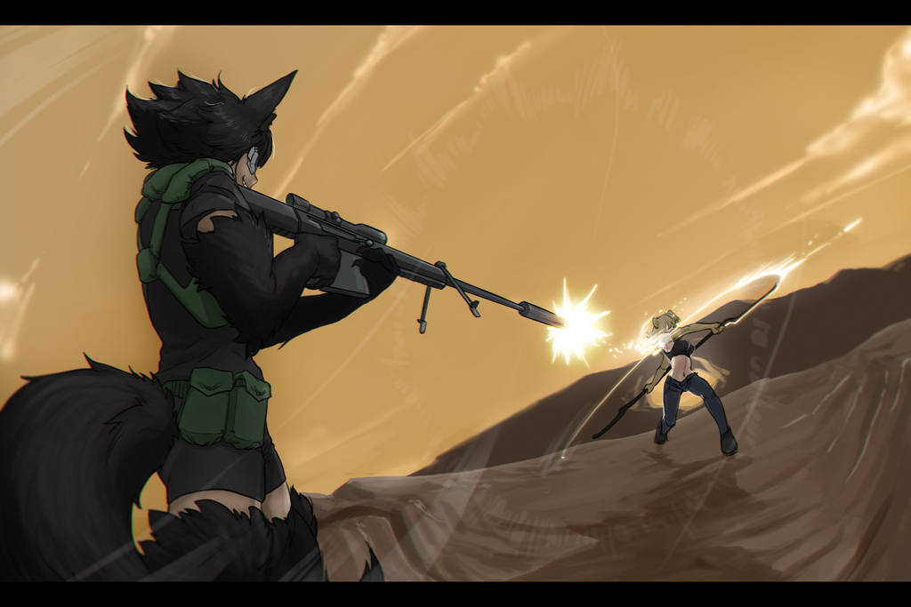 2015, abs, ammunition_pouch, ancient_egyptian, animal_ears, animal_hands, animal_legs, anti-materiel_rifle, barrett_m82, bike_shorts, bipod, bobanon, braid, dark-skinned_female, dark_skin, deflect, egyptian_mythology, fighting, full_body, gun, holding, holding_gun, holding_weapon, less, lion_girl, magazine_(weapon), midriff, monster_girl, monster_girl_encyclopedia, muzzle_device, navel, pouch, rifle, scope, sekhmet(less/bob), sharp_teeth, sniper_rifle, suppressor, tactical_clothes, tail, tall_female, teeth, vagabonds, weapon, wolf_girl