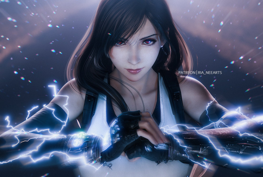 1girl, 3d, bare_shoulders, black_gloves, black_hair, black_sports_bra, bracelet, breasts