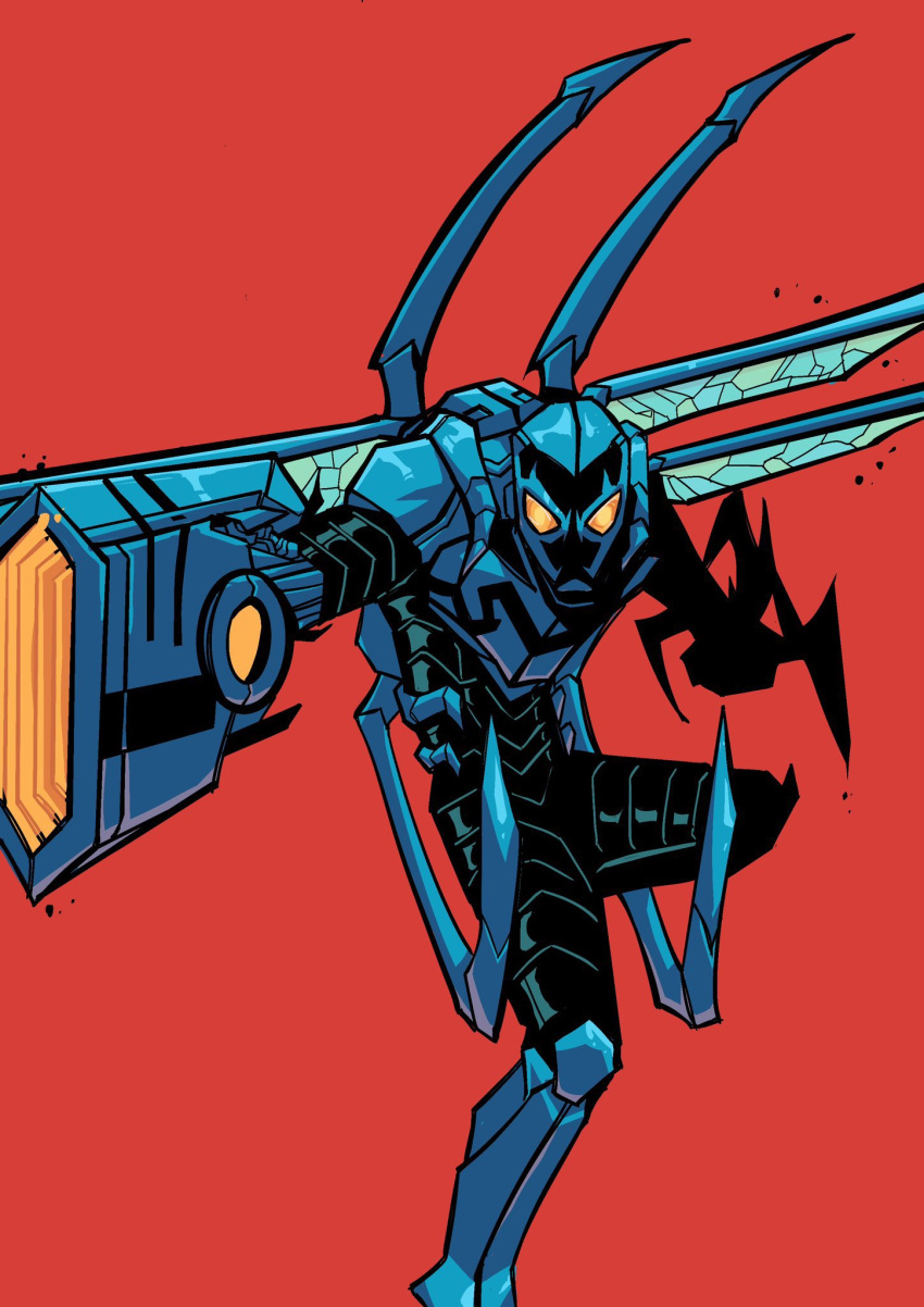 1boy, anakoly1, armor, armored_bodysuit, blue_beetle, bodysuit, clenched_hands, dc_comics, gloves, highres, jaime_reyes, looking_at_viewer, male_focus, mask, mechanical_wings, power_armor, red_background, simple_background, solo, superhero_costume, weapon, western_comics_(style), wings