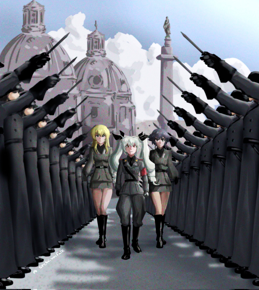 3girls, anchovy_(girls_und_panzer), anzio_military_uniform, armband, belt, black_boots, black_gloves, black_hair