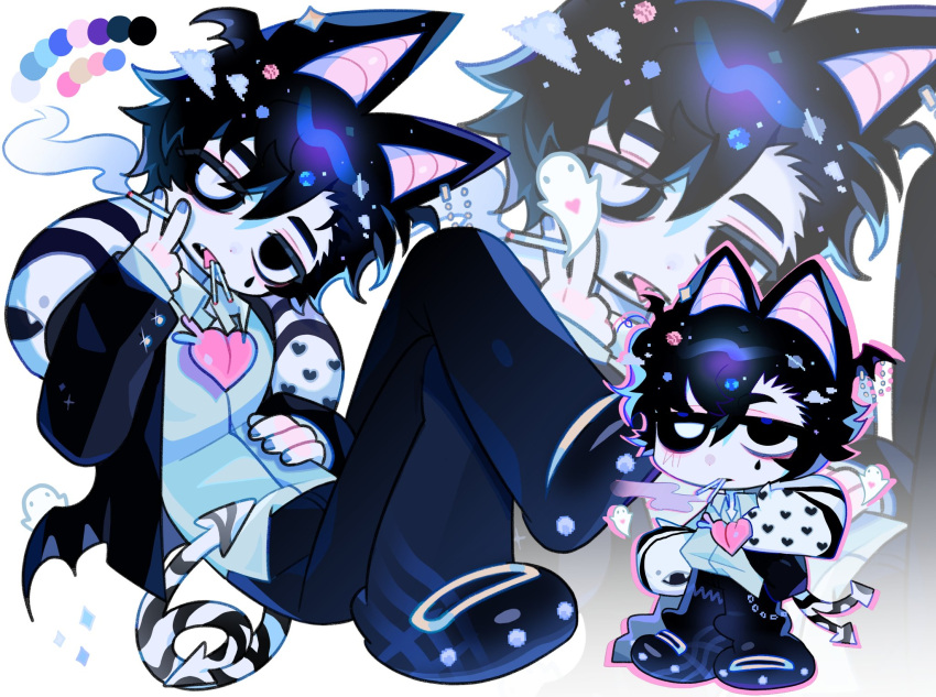 1boy, adoptable, animal_ears, bat_boy, bat_ears, bat_wings, black_eyes, black_hair, black_sclera, black_suit, chibi, cigarette, cloud_hair_ornament, colored_sclera, crossed_legs, demon_tail, dilnyan03, english_commentary, fang, forked_tail, ghost, hair_ornament, head_wings, heart, heterochromia, highres, holding, holding_cigarette, jacket, looking_at_viewer, low_wings, male_focus, mismatched_sclera, multiple_cigarettes_in_mouth, multiple_views, multiple_wings, open_clothes, open_jacket, original, planet_hair_ornament, short_hair, simple_background, sitting, slit_pupils, smoking, suit, tail, tongue, tongue_out, white_background, white_eyes, wings, zoom_layer