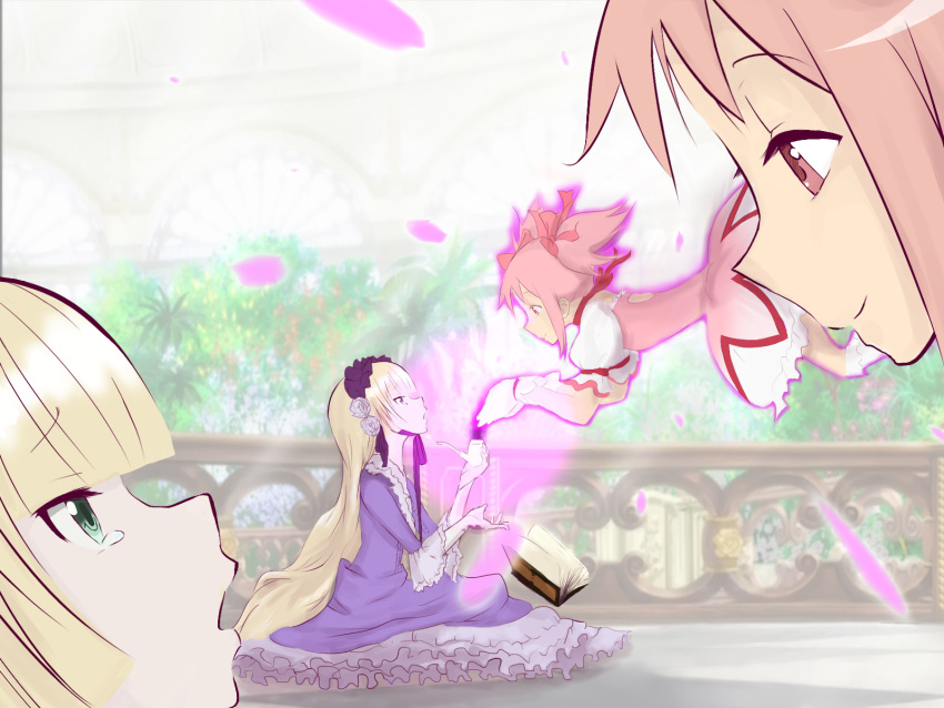 blonde_hair, book, crossover, gosick, green_eyes, hairband, hat, highres, kaname_madoka, lolita_fashion, long_hair, magical_girl, mahou_shoujo_madoka_magica, monmo-dou, multiple_girls, pink_eyes, pink_hair, pipe, seiyuu_connection, seiyuu_joke, short_hair, sitting, twintails, very_long_hair, victorica_de_blois, yuuki_aoi
