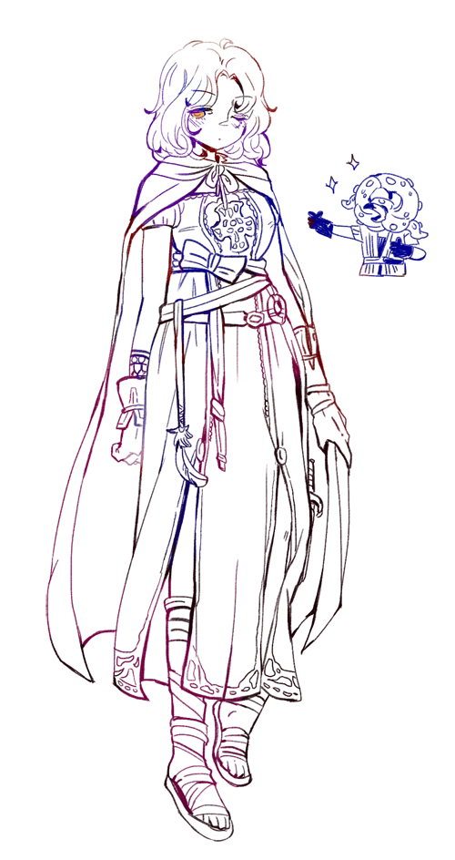 1girl, 1other, belt, chibi, chibi_inset, cloak, closed_mouth, commentary, cosplay, dark_souls_(series), dark_souls_ii, dress, elden_ring, emerald_herald, emerald_herald_(cosplay), expressionless, full_body, gloves, greyscale, kanon_(rsl), lineart, melina_(elden_ring), monochrome, one_eye_closed, sandals, short_hair, simple_background, solo_focus, sparkle, tarnished_(elden_ring), thumbs_up