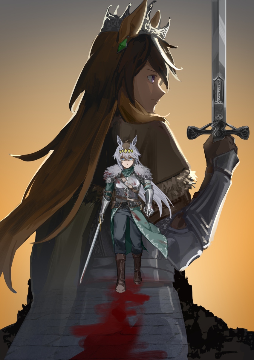 2girls, absurdres, animal_ears, armor, bearer_of_the_curse, bearer_of_the_curse_(cosplay), black_pants, blood