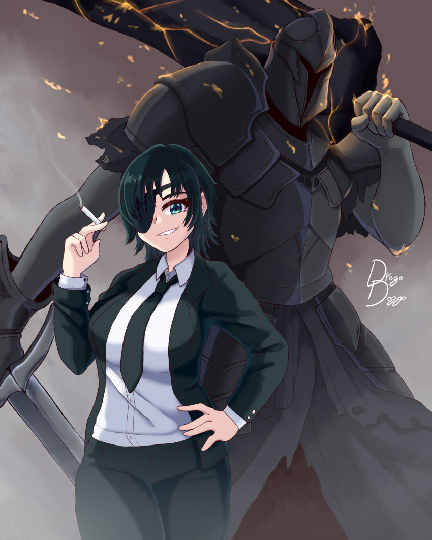 1boy, 1girl, absurdres, armor, asymmetrical_dual_wielding, black_armor, black_hair, black_jacket