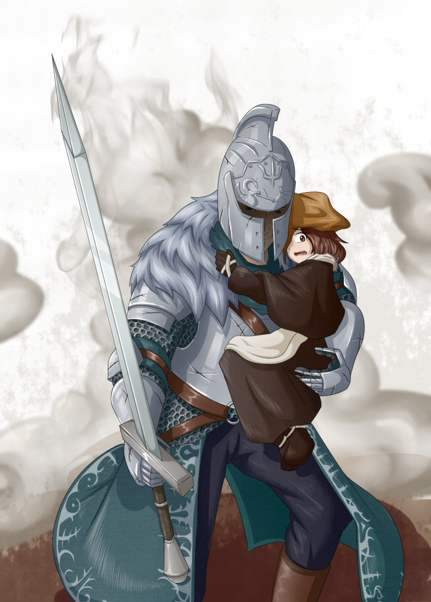 1boy, 1girl, aged_down, armor, bearer_of_the_curse, black_gloves, black_pants, brown_dress