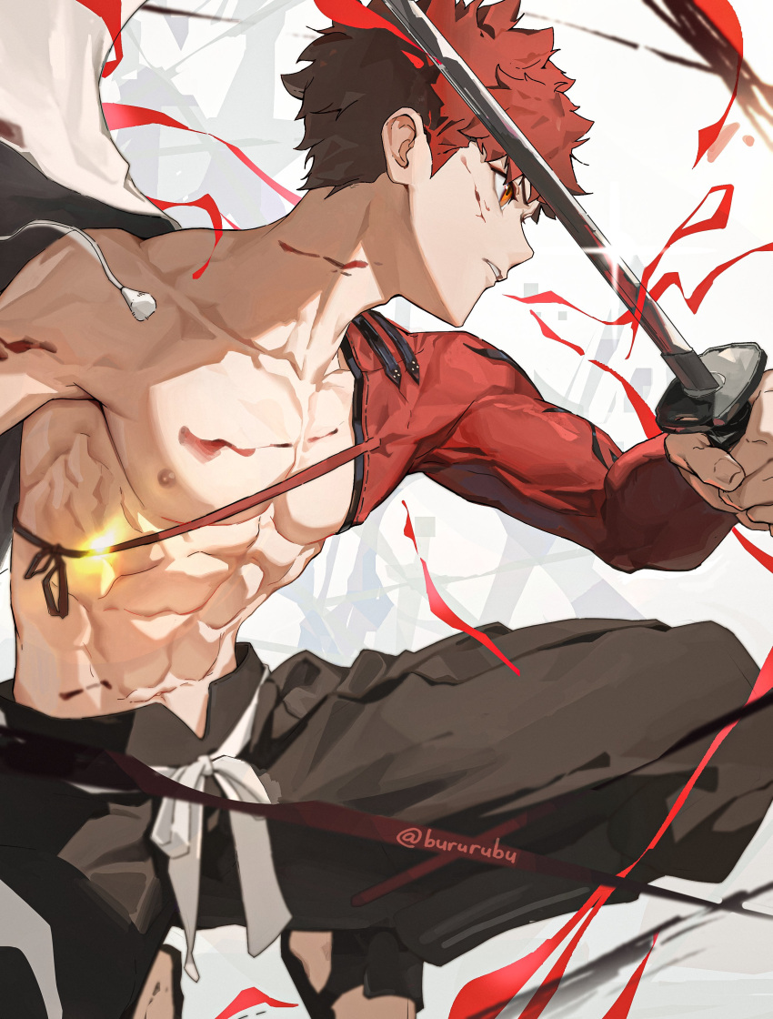 1boy, abs, absurdres, cape, emiya_shirou, fate/grand_order, fate_(series), highres, holding, holding_sword, holding_unworn_cape, holding_unworn_clothes, holding_weapon, igote, katana, male_focus, nagatekkou, orange_hair, red_hair, senji_muramasa_(fate), shin_ra_ra, single_bare_shoulder, solo, sword, toned, toned_male, unworn_cape, weapon, white_cape