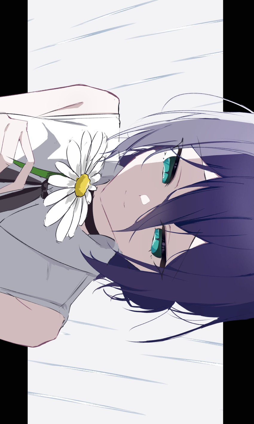 1girl, absurdres, aqua_eyes, black_ribbon, chainsaw_man, closed_mouth, flower, hair_between_eyes
