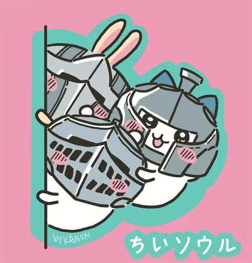 :3, ashen_one_(dark_souls), ashen_one_(dark_souls)_(cosplay), bearer_of_the_curse, bearer_of_the_curse_(cosplay), chiikawa, chiikawa_(character), chosen_undead, chosen_undead_(cosplay), commentary, cosplay, dark_souls_(series), dark_souls_i, dark_souls_ii, dark_souls_iii, hachiware_(chiikawa), helm, helmet, kanon_(rsl), looking_at_viewer, no_humans, open_mouth, peeking_out, pink_background, smile, upper_body, usagi_(chiikawa)