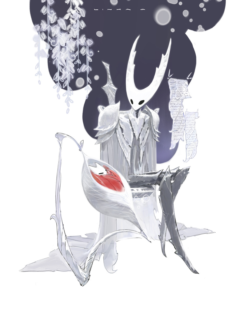 1girl, 1other, absurdres, aged_down, armor, arthropod_girl, arthropod_limbs, baby, commentary, english_commentary, grey_cloak, highres, hollow_knight, hollow_knight_(character), horned_mask, hornet_(hollow_knight), mask, nail_(hollow_knight), pure_vessel, rungapikattohikattara, shoulder_armor, sitting, weapon, weapon_on_back, white_mask