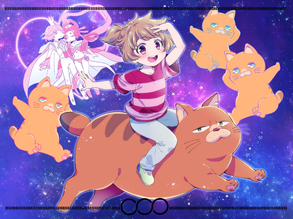 1girl, 2boys, animal, arm_up, azuma_sara, bikini, blush, brown_hair, cat, child, commentary_request, furry, furry_female, furry_male, japanese_bobtail, kappa, keppi, midriff, morrisnkmr, multiple_boys, notched_ear, nyantaro_(sarazanmai), open_mouth, oversized_animal, pants, pawpads, ponytail, riding, riding_animal, sarazanmai, shirt, shoes, short_sleeves, side-tie_bikini_bottom, spoilers, striped_clothes, striped_shirt, swimsuit, violet_eyes, yasaka_haruka