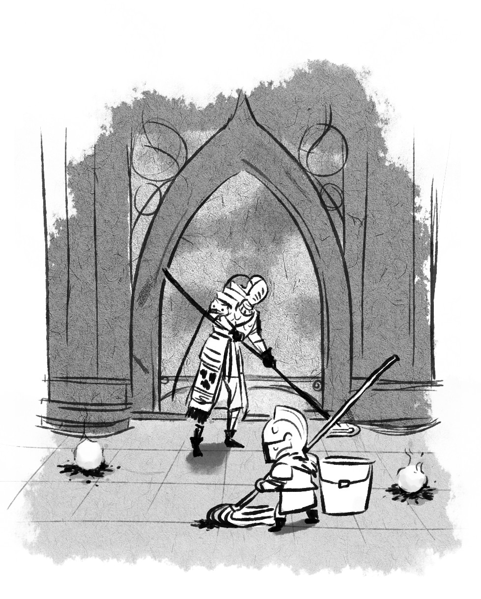 1boy, 1other, arch, bearer_of_the_curse, blood, blood_stain, boots, bucket