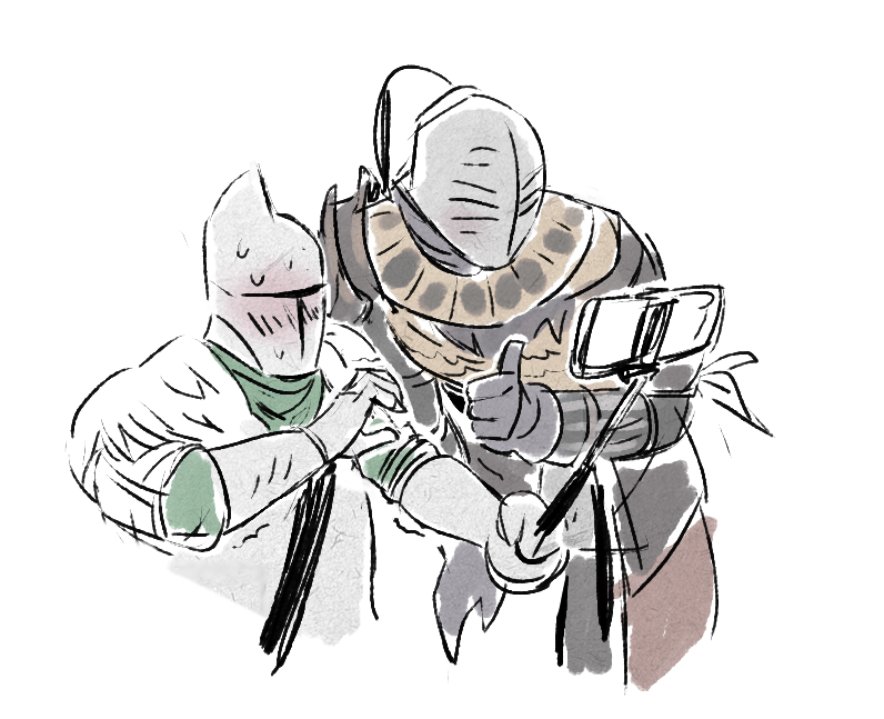 1boy, 1other, anachronism, bearer_of_the_curse, cellphone, commentary, dark_souls_(series), dark_souls_ii, english_commentary, gauntlets, grey_tunic, heart_hands_failure, helm, helmet, knight, phone, rat_(ddi1883981), selfie, selfie_stick, simple_background, sir_alonne, smartphone, thumbs_up, tunic, upper_body, white_background