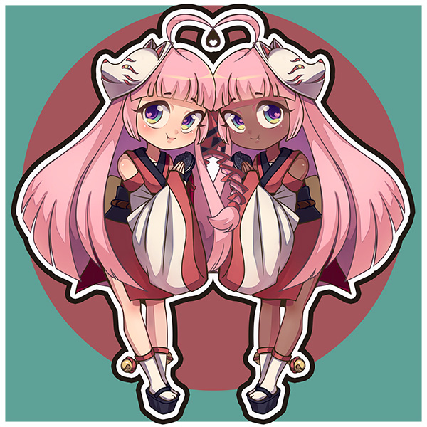 2girls, ahoge, bell, blunt_bangs, commentary_request, dark-skinned_female, dark_skin, detached_sleeves